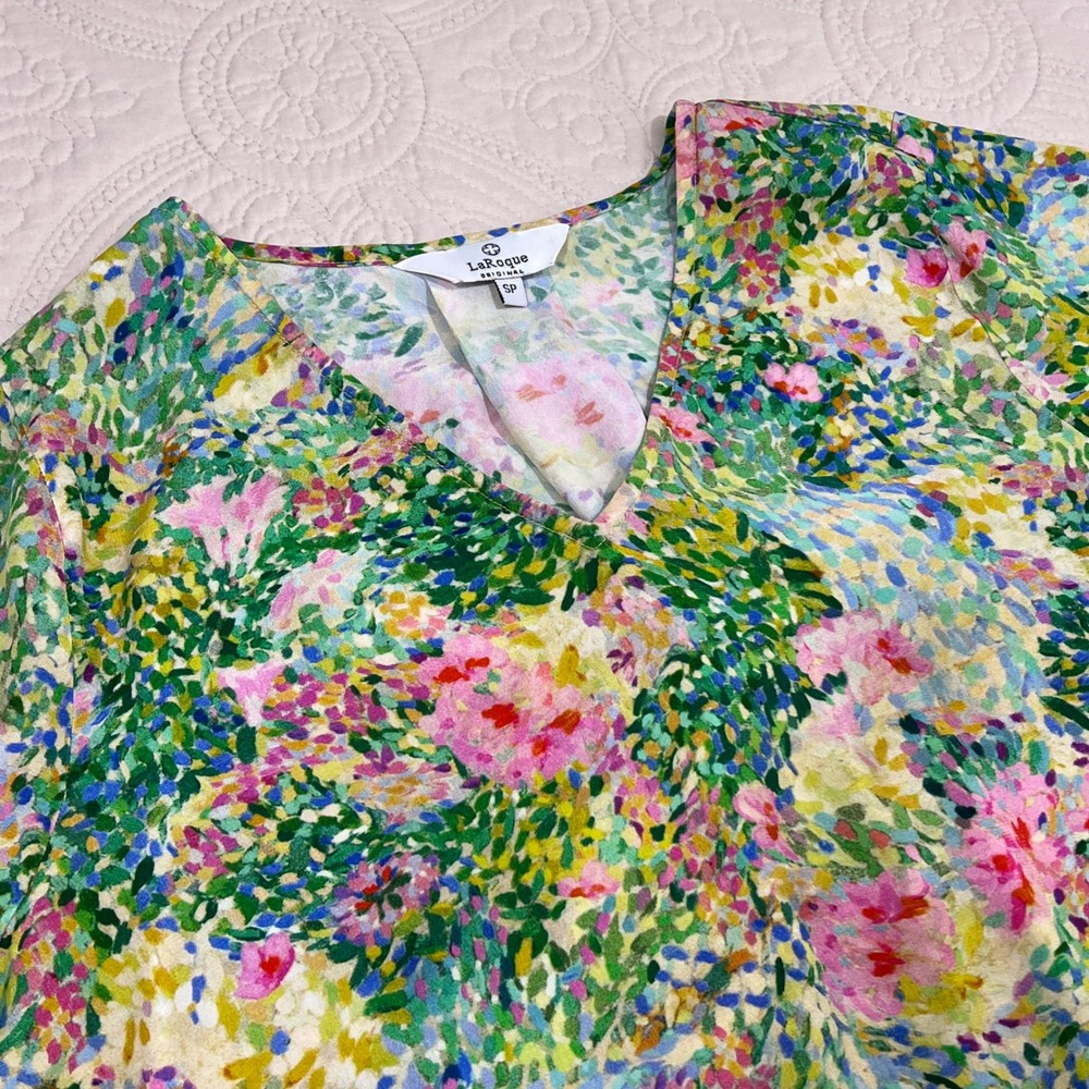 LaRoque‎ Silk Blend Watercolor Floral V-Neck Blouse Ruffle Bell Sleeve Small